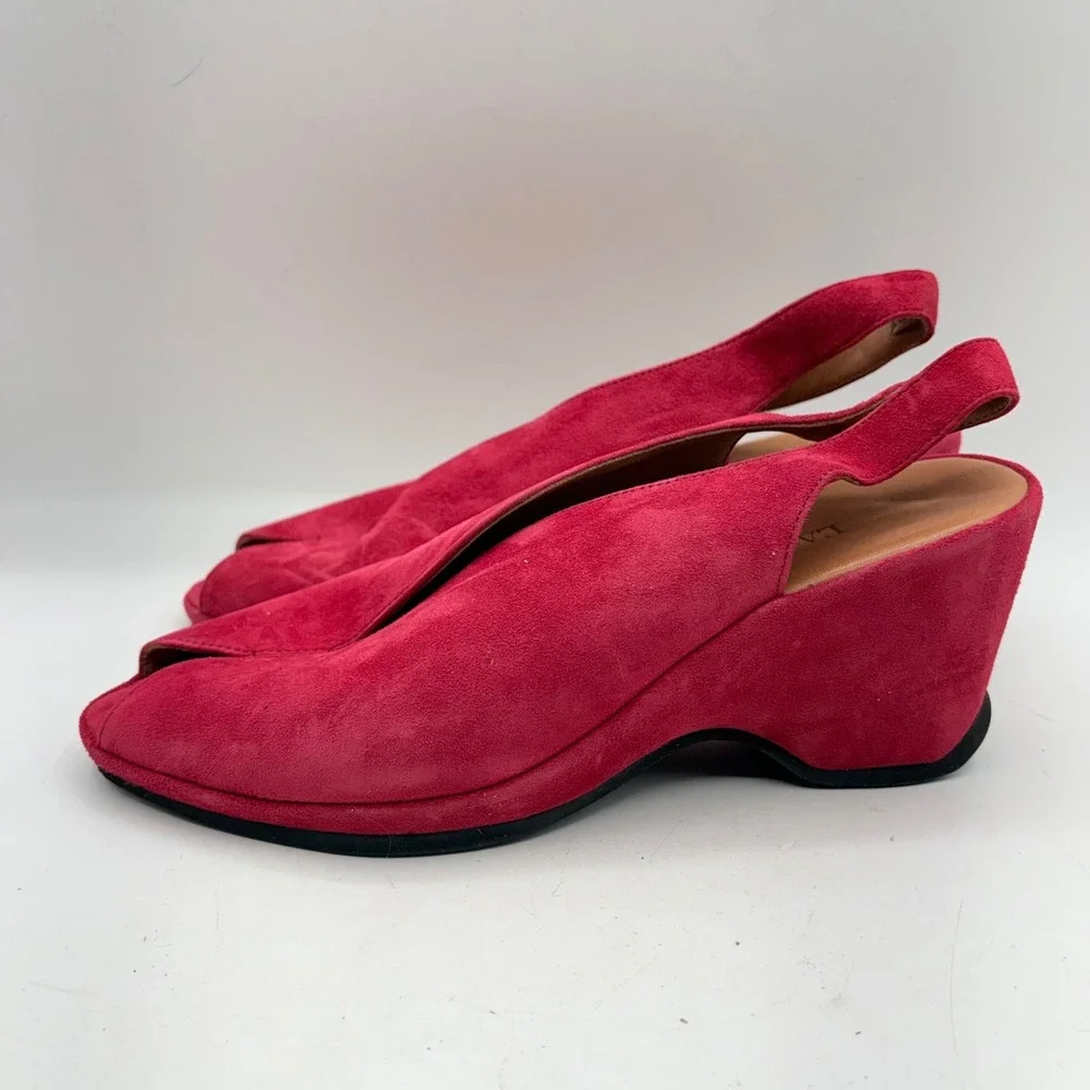 L'Amour Des Pieds Raspberry Pink Suede Wedge Sandals Peep Toe Slingback 8.5M‎